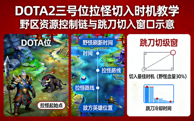 DOTA2三号位拉怪切入时机教学封面，野区资源控制链与跳刀切入窗口示意