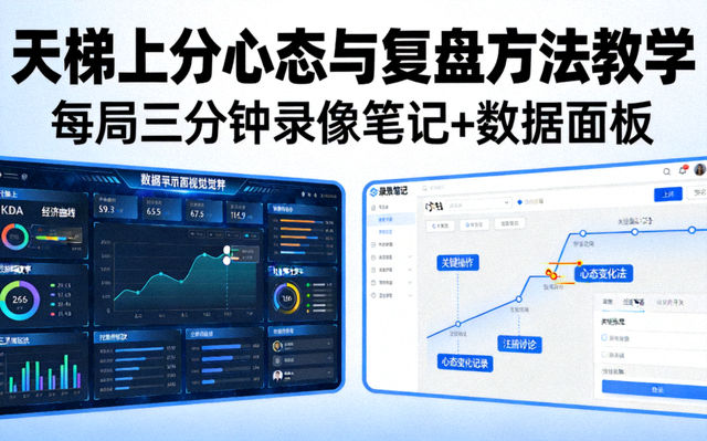 天梯上分心态与复盘方法教学封面，每局三分钟录像笔记与数据面板