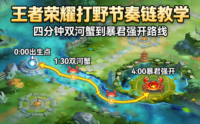 王者荣耀打野节奏链教学封面，四分钟双河蟹到暴君强开的路线示意