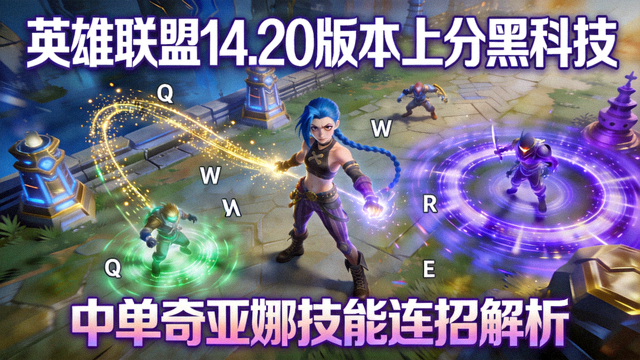 英雄联盟14.20版本上分黑科技专题封面，中单奇亚娜技能连招特效画面