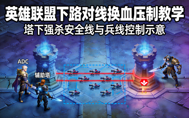英雄联盟下路对线换血压制教学封面，塔下强杀安全线与兵线控制示意