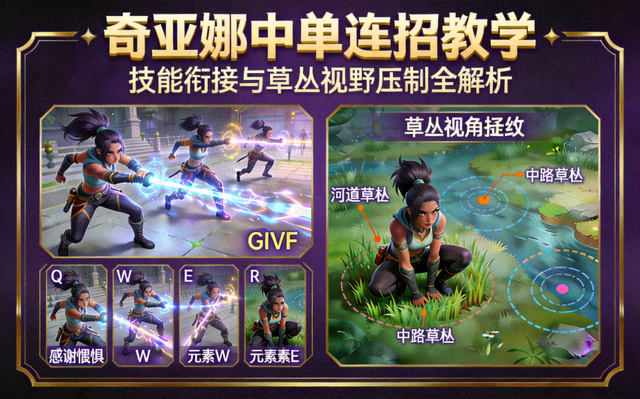 英雄联盟中单奇亚娜连招教学封面，技能连招动态GIF截图与草丛视野压制示意